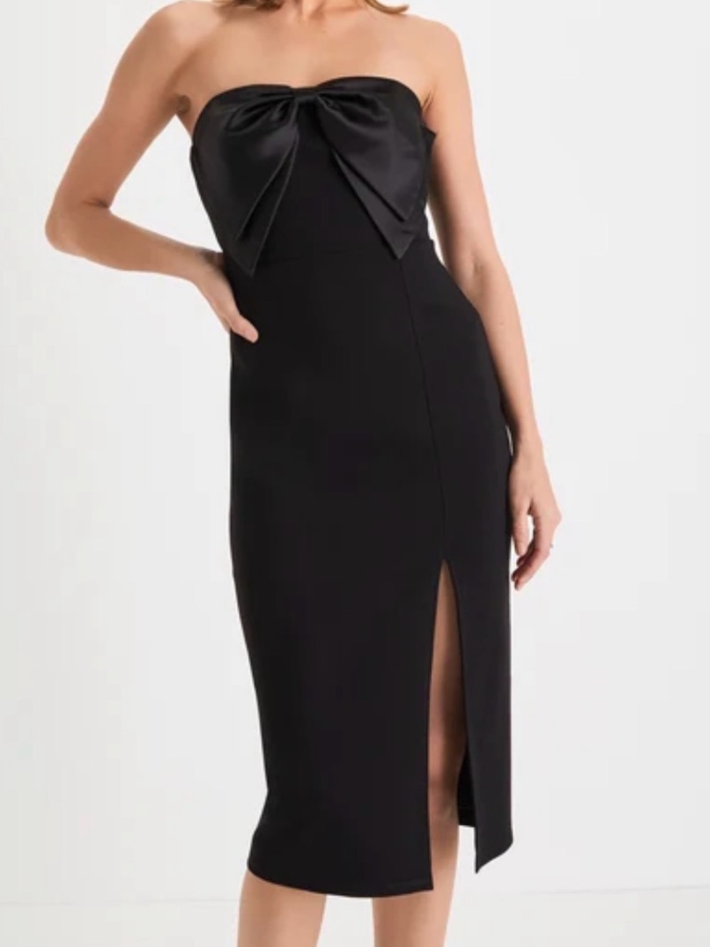 Lulus Strapless Black Midi Dress with Bow Detail